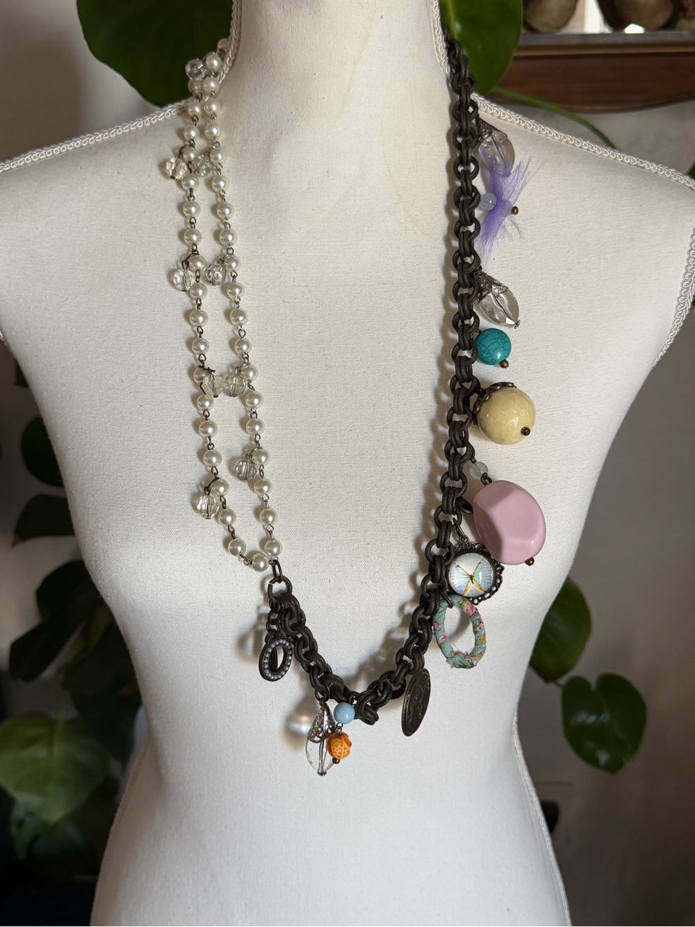 Vintage Brass Faux Pearl Chunky Charms Beaded Necklace
